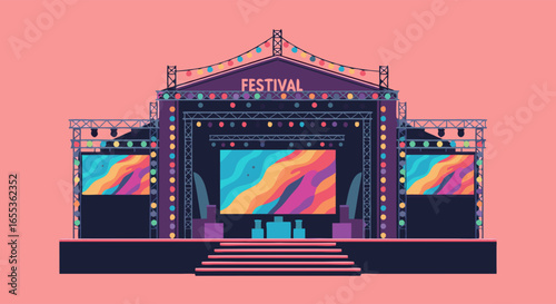 Festival Stage Illustration: A vibrantly illustrated festival stage, ready to host music and celebration, stands out with its colorful screens and intricate architecture against a plain backdrop.