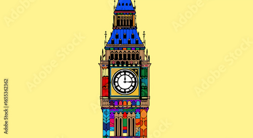 Big Ben Art: A vibrant, artistic rendering of the iconic Big Ben clock tower, showcasing bold colors and abstract patterns.