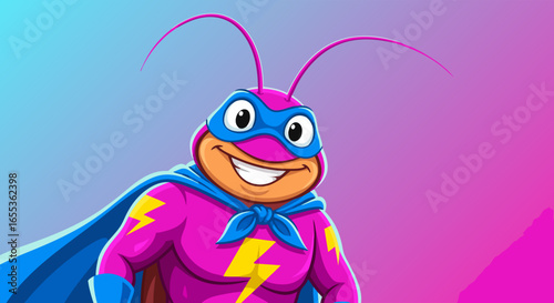 Super Bug in Superhero Costume: A vibrant illustration of a cheerful bug dressed in a dynamic superhero outfit against a gradient backdrop. Capturing a sense of playful heroism and animated charm.