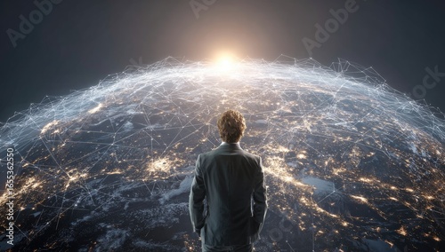 A businessman stands before a glowing, interconnected Earth, his back to the viewer, facing a rising sun.  Global connectivity and future possibilities are implied