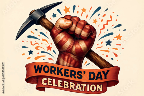 Powerful Workers' Day Fist with Pickaxe Illustration
