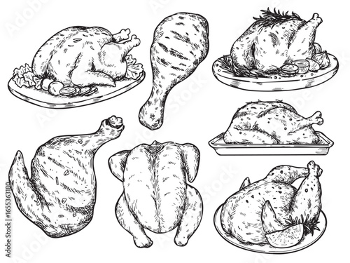 Set of isolated hand drawn roasted chicken outline drawing illustration