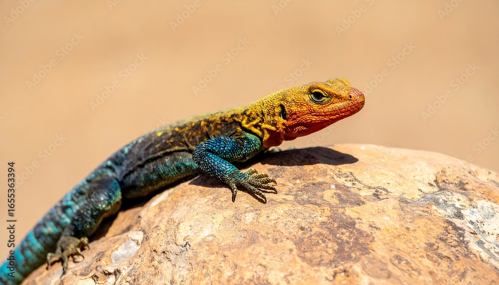 Naklejka premium A vibrant lizard, showcasing a striking blend of yellow, blue, and orange hues, rests atop a textured rock.