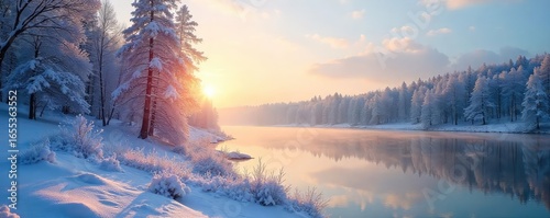 Low winter sun casts long shadows across a snow-covered landscape, illuminating frosted trees and a frozen lake A serene and peaceful scene of cold beauty , sky, white
