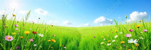 Vibrant Wildflower Meadow Under a Clear Blue Sky Lush Green Grasses and Diverse Flora in a Serene Natural Setting