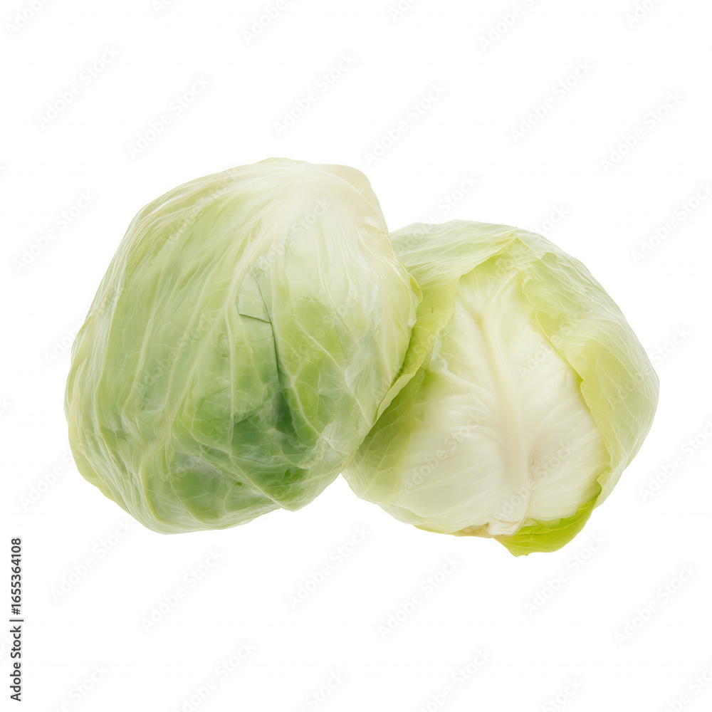Fototapeta premium Two heads of cabbage with vibrant green leaves on transparent background