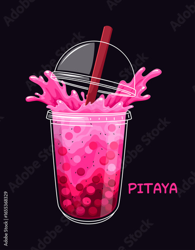 Cartoon pitaya milk bubble tea glass with bright splashes. Dragon fruit pink exotic drink in a transparent cup with a dome lid, tapioca pearls and red straw, capturing an and energetic tropical flavor
