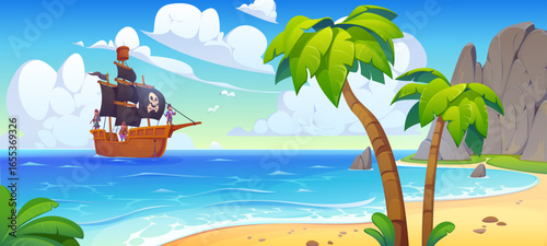 Sail pirate ship in tropical island bay. Cartoon vector fun and adventurous seafaring scene with a corsair boat approaches a tropical beach with palm trees and golden sand, as pirates prepare to dock