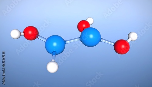 A 3D illustration of a formic acid molecule, showcasing its atoms with vibrant blue and red spheres connected by transparent bonds, set against a light blue backdrop.