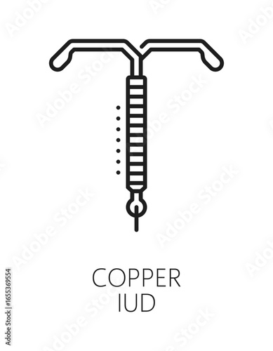 Copper IUD contraception method line icon or pictogram. Birth control method outline vector icon, contraception procedure sign. Family planning technique pictogram with copper T intrauterine device