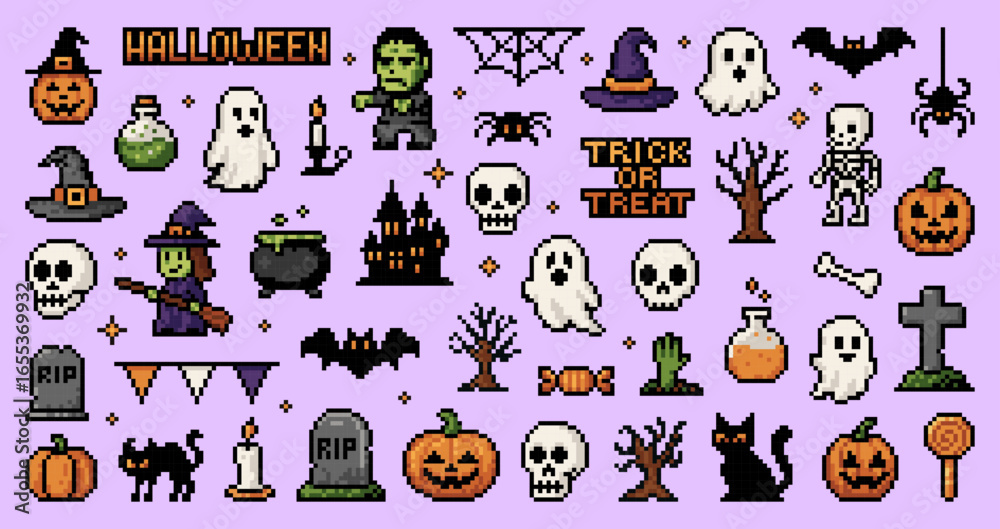 Fototapeta premium Y2k Halloween 8 bit pixel game icons and stickers set. Vector pixel art Halloween holiday pumpkin, ghost, witch and skull, black cat, bat and spider, scary zombie, skeleton and cemetery tombstone icon