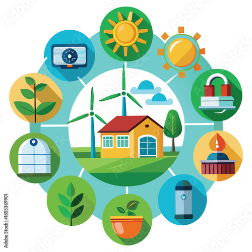 Eco friendly sustainable living concept with renewable energy sources and green technology icons surrounding a house silhouette