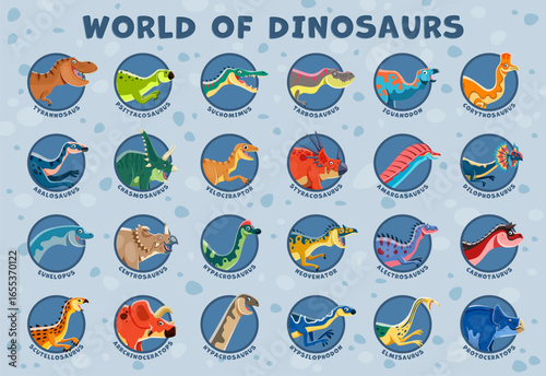 Prehistoric dinosaurs infographics. Paleontology science reptile vector infographics with dinosaurs cartoon characters. Prehistoric extinct animal chart, information scheme or dino species catalog