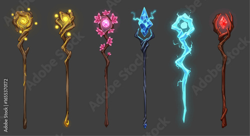 Fantasy Magic Staff Set – Glowing Elemental Wands Vector
