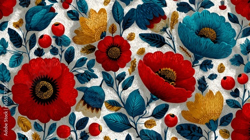 Vibrant embroidered floral pattern with red blue and yellow flowers on white background