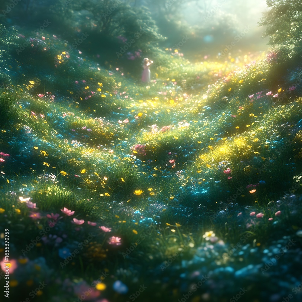 Obraz premium A field of wildflowers bathed in sunlight.