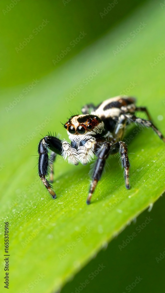Naklejka premium Jumping spider on vibrant green leaf