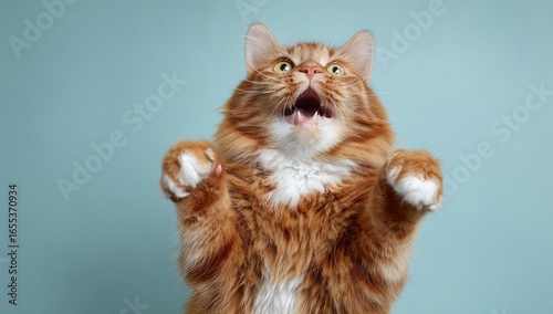 Ginger cat, paws raised, surprised expression