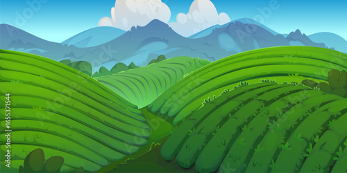 Tea plantation cartoon landscape with asian farm fields and mountain hills, green trees and blue sky clouds vector background. India, China and Vietnam terraced fields of tea plantation, agriculture