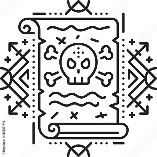 Pirate ancient scroll esoteric line symbol. Filibuster sailing tarot thin line vector print, buccaneer nautical magic lineart sign. Corsair pirate esoteric symbol with skull on treasure map parchment