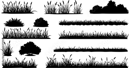 Green grass silhouette. Cartoon lines of plants and shrubs for boarding and framing, eco and organic logo element. Vector set spring field planting shapes lawn or borders garden on white background