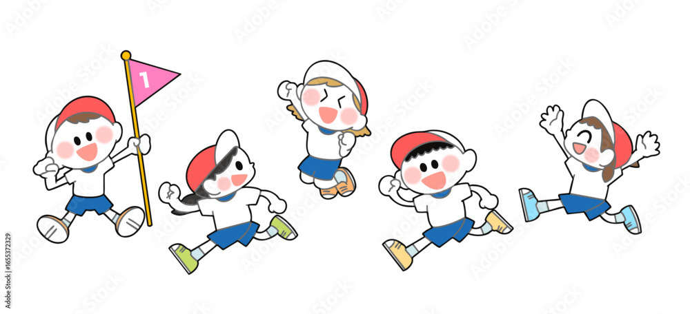 Obraz premium みんなで楽しくかけっこする5人の子どもたちのイラスト