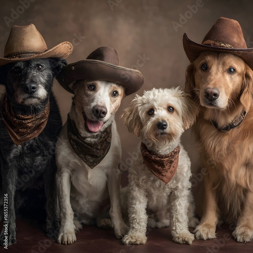 Wallpaper Mural A charming group of four diverse dogs posing in brown cowboy hats and paisley bandanas. Torontodigital.ca