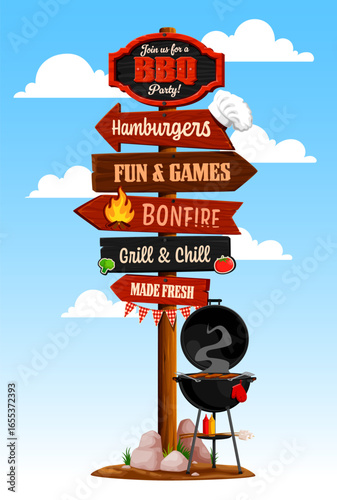 Cartoon bbq wooden signboard, barbeque party directional sign yard with wood arrows pointing to hamburgers, games, bonfire, grill, and fresh food. Vector barbecue signpost against blue sky with clouds
