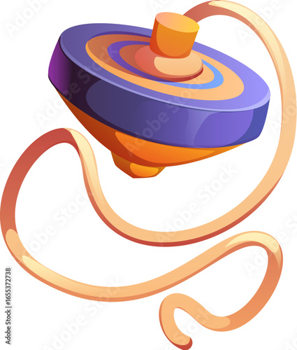 Cartoon traditional Japanese spinning top koma new year decoration depicted with vibrant swirls and flowing string. Isolated vector toy for celebration, symbolizes focus, balance and cultural heritage