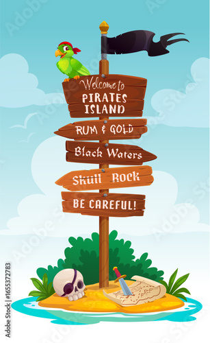 Wooden pirate signboard with parrot and treasures map, corsairs signage. Cartoon vector island signpost with warning messages. Playful and adventurous pointer children games, parties or storytelling