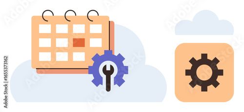 Calendar icon with a gear overlay beside a cloud storage icon, symbolizing scheduling, task management, cloud syncing. Ideal for productivity, automation, organization, workflow, planning team