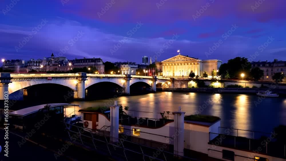 Paris, France. A nighttime cityscape with a river and a bridge. The main subject is a building with a classical architectural style, illuminated by streetlights. Paris, France. A nighttime cityscape with a river and a bridge. The main subject is a building with a classical architectural style, illuminated by streetlights.