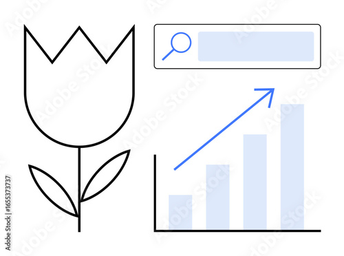 Tulip outline, search bar, and upward-trending bar chart suggest growth, development, and exploration. Ideal for business, analytics, nature, education strategy creativity simple landing page