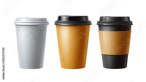 Wallpaper Mural 3d Papper coffee Cups set. Empty cup, cup with coffee and with plastic lid. Takeaway coffee or tea to go or delivery concept. Vector illustration isolated on white background Torontodigital.ca