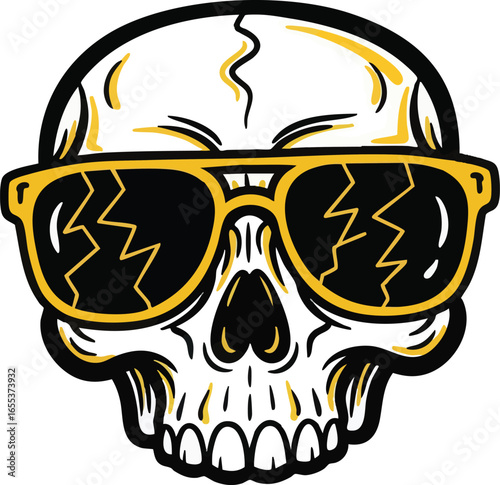 Cool stylized human skull illustration with yellow-rimmed sunglasses featuring cracked lenses.