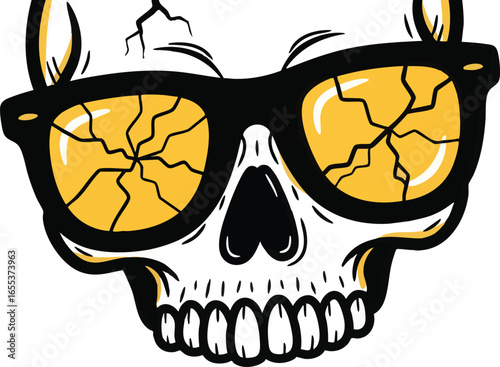 Graphic illustration of a cool skull wearing black sunglasses with shattered yellow lenses.