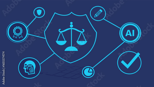 AI Legal Compliance Concept with Scales of Justice and Icons.
