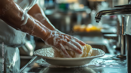 A person washing dishes with soapy hands in a commercial kitchen near a stainless steel faucet