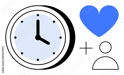 Clock indicating time, plus sign, blue heart, and user icon symbolize time management, balance, productivity, focus, self-care user engagement and minimalism. Ideal for time tracking apps or simple