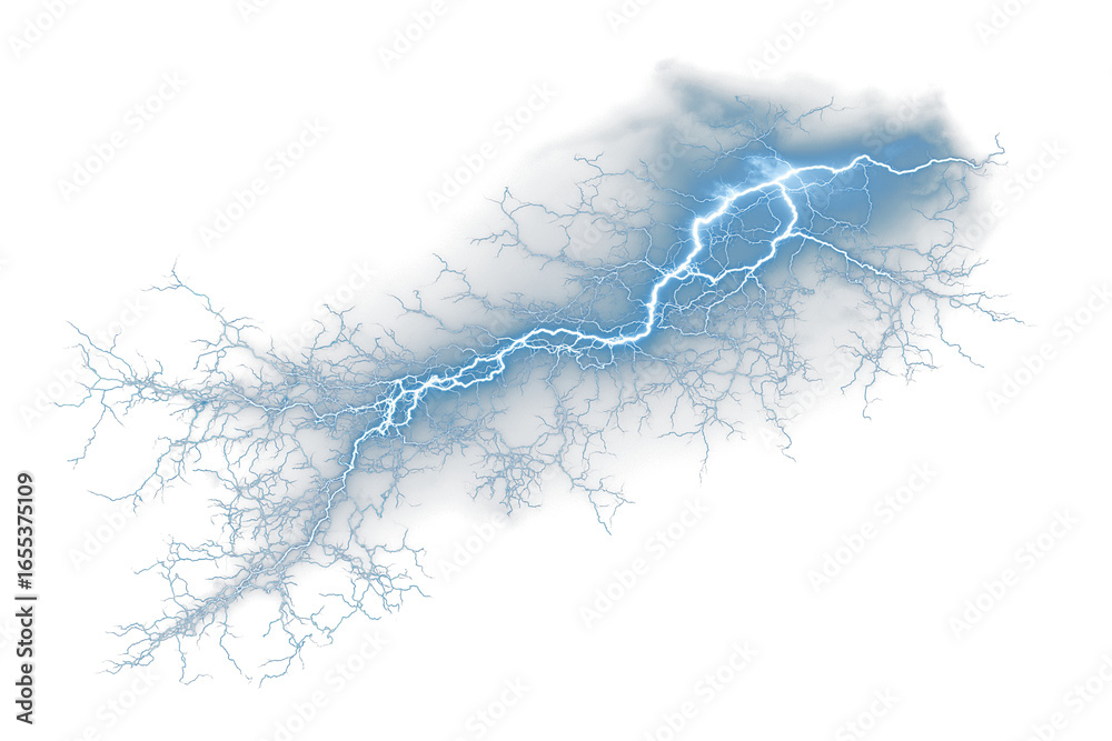 Fototapeta premium A striking blue lightning bolt with bright electric energy, rendered on a transparent background as a PNG. The vivid, dynamic design captures power, intensity, and dramatic visual impact.