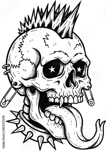 Detailed illustration of a punk rock skull with a spiky mohawk, tongue out, and safety pins.