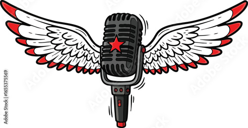 A stylized microphone with wings, suggesting freedom of expression and broadcasting.