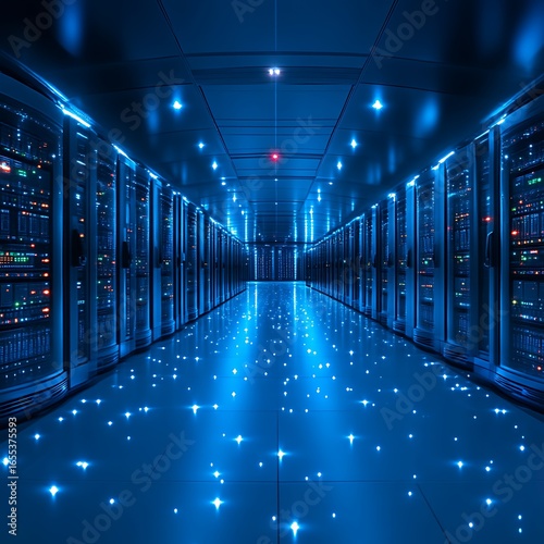 Server room interior  illuminated with blue light.