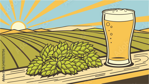 Beer Glass and Hops with Landscape Illustration.