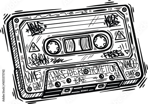 A black and white illustration of a vintage cassette tape covered in graffiti art.