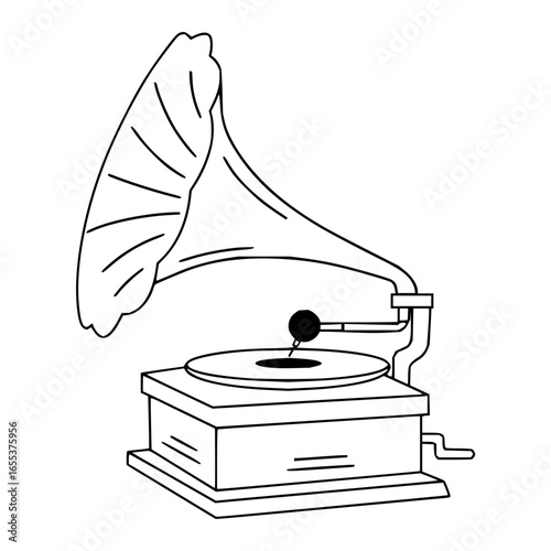 Illustration of a vintage gramophone with a large horn speaker and a record player in black and white