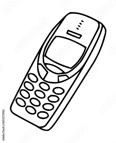 Illustration of a classic mobile phone with a screen and keypad in a black and white outline design