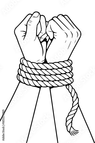 Illustration of two hands bound together at the wrists with a thick rope in a black and white style