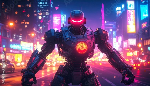 A towering metallic robot stands guard in a vibrant neon-lit city street at night, showcasing intricate details and a dynamic pose.