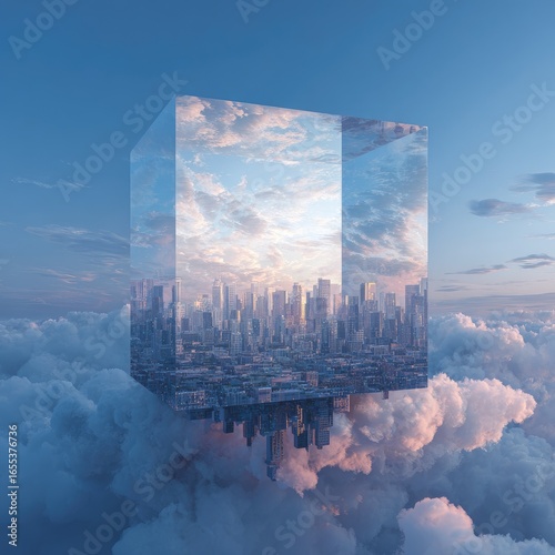 A transparent cube, seemingly made of glass, floats amidst clouds, containing a miniature futuristic city skyline at sunset.  The cube's reflection shows the sky